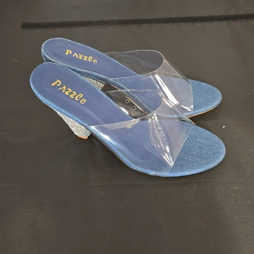 BRAND NEW PAZZLE RHINESTONE HEEL EMBROIDERED CLEAR  OPEN-TOE STRAP SANDAL